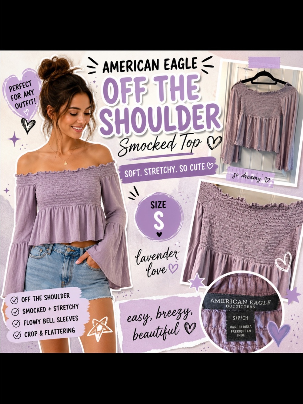 American Eagle Outfitters Lavender Off-the-Shoulder Smocked Sweater Top